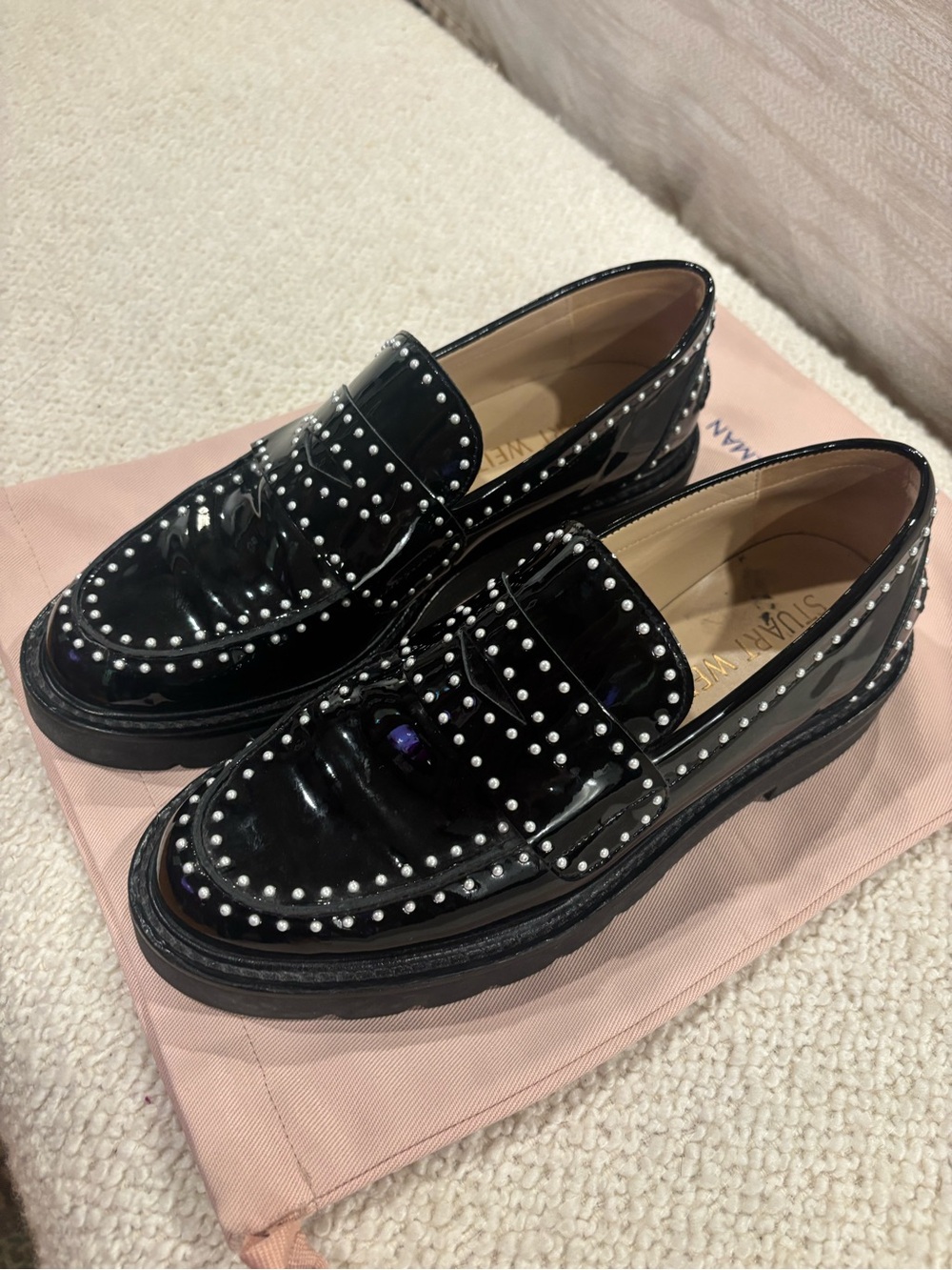 Stuart Weitzman Parker Lift Mini Pearl Loafer in Black Patent